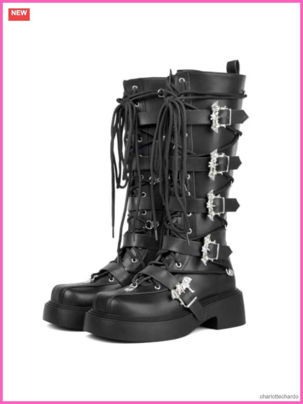 Womens Goth Platform Combat Boots Mid Calf Punk Shoes Lace up Chunky Heel